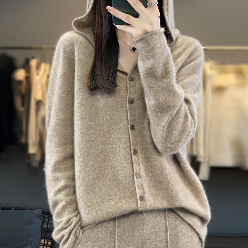 Australian Merino 100 Pure Wool Knitwear Women's First Line Seamless Hooded Cardigan Cashmere Sweater Jacket