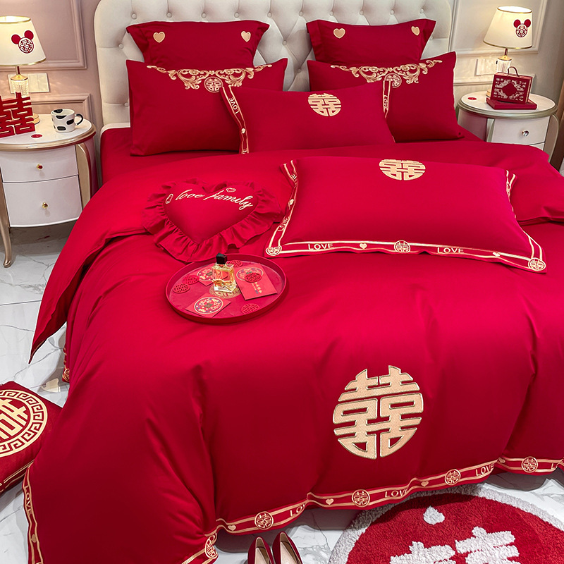 Picture of High-end Chinese Dragon and Phoenix Embroidery Fashion Wedding Four-piece Wedding Big Red Bed Sheet Quilt Cover Accompanying Bedding