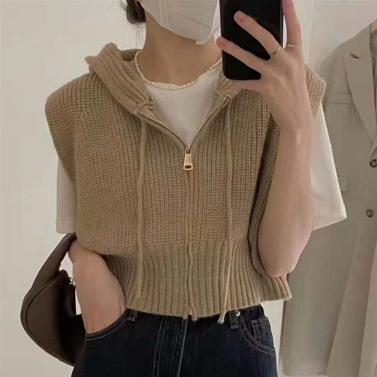 2022 Korean New Niche Hooded Short Drawstring Without Double Zipper Loose Knitted Vest Women's Jacket