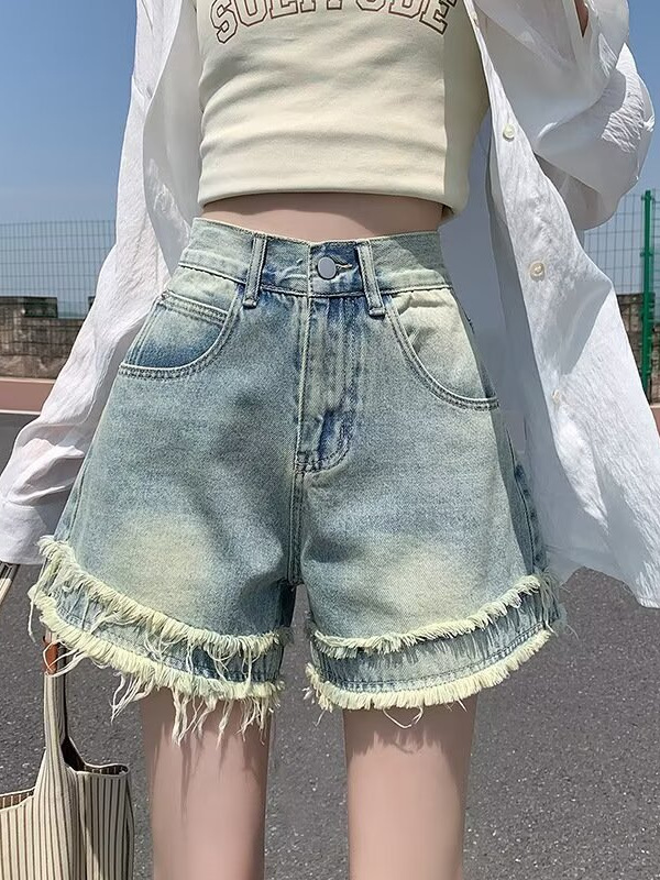 High Waist Denim Shorts Women's Summer 2025 New Loose Slimming Nostalgic Color Fur Edge Stitching A- shaped Outer Wear Hot Pants