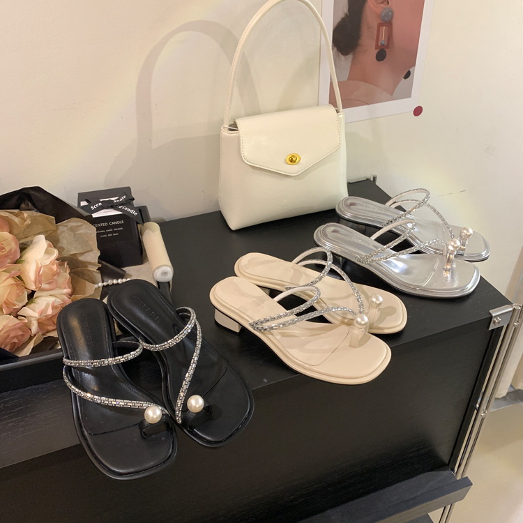 Niche Simple Rhinestone Thick Heel Sandals Slippers Pearl Open Toe Sandals