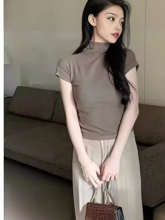 Pure white half turtleneck shoulder knitted short-sleeved T-shirt women's 2024 Summer tight waist short hot girl top