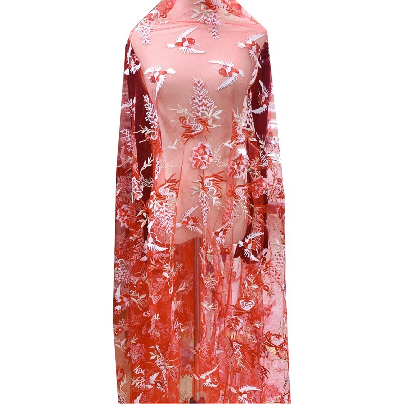 Beauty Sense Mesh Width 145CM Flower Height 135CM Lace Polyester Milk Silk Embroidery Pit Embroidery Bird Flower Fabric