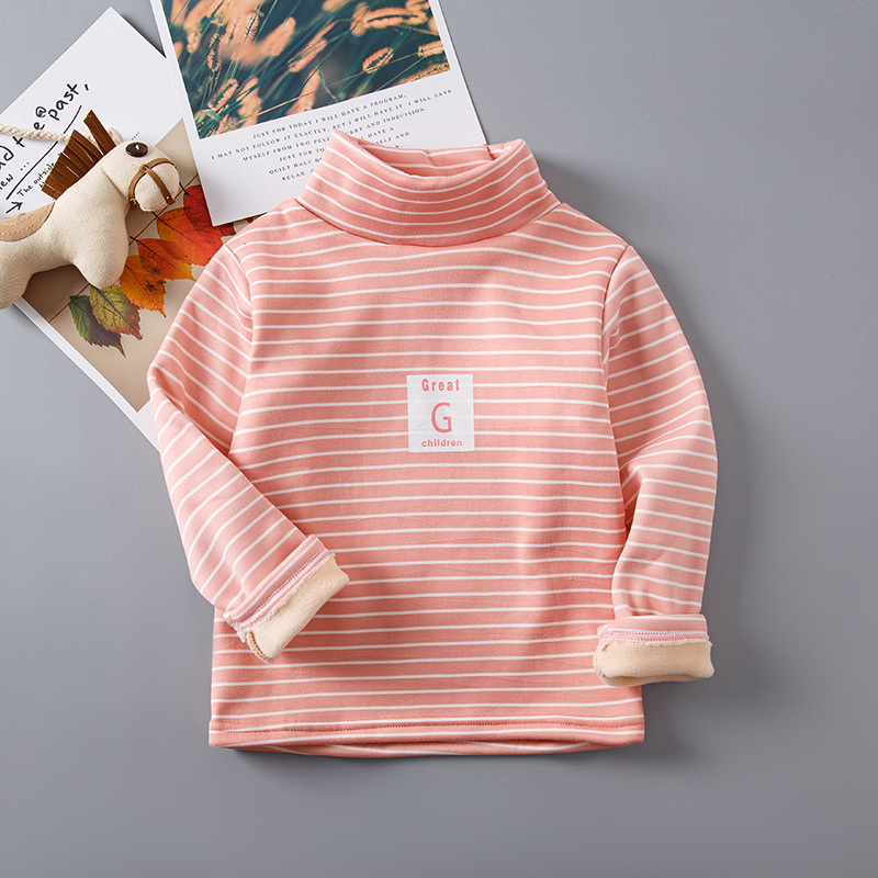 Picture of Children's Striped Fleece-Lined Thickened Base Shirt Turtleneck Top Middle Collar Single-Piece Half-High Collar Long-Sleeved T-Shirt for Boys and Girls