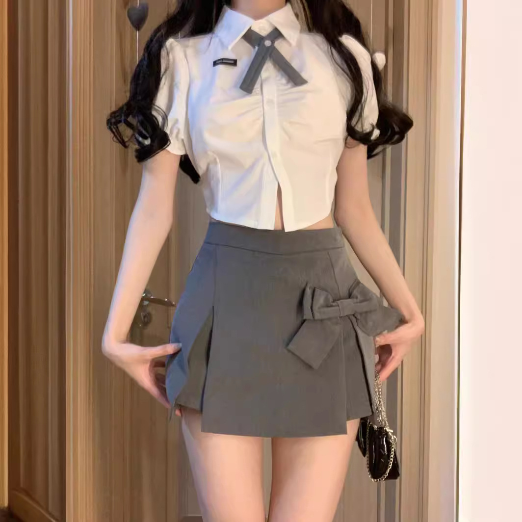 College Style JK Skirt Women's Summer Petite Design Bow Suit High Waist Short Skirt A- line Pants Skirt