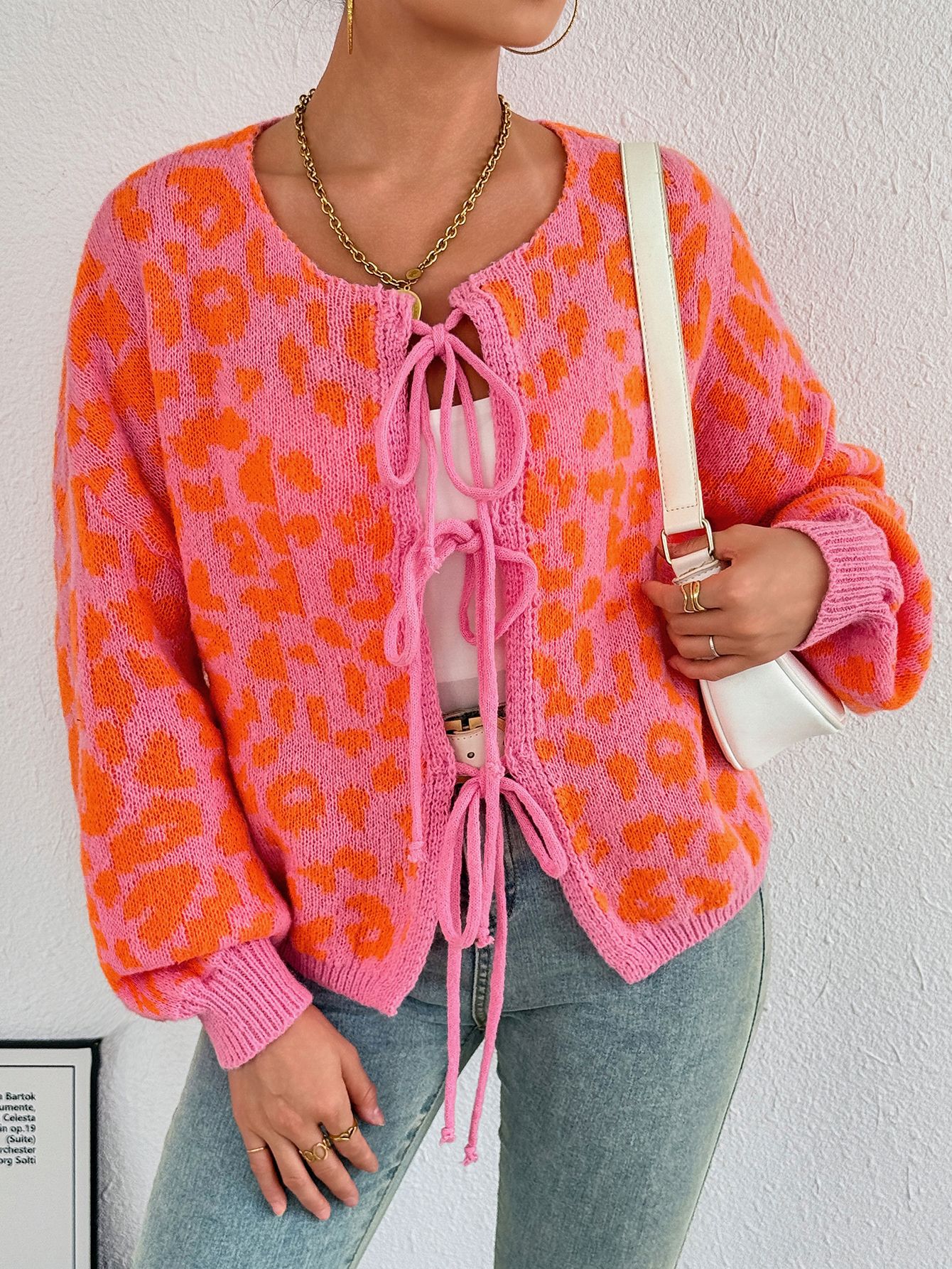 Picture of Cross-border Amazon Fall/Winter New Vintage Leopard Bow Lace-up Cardigan Jacket Crew Neck Long Sleeve Loose Sweater