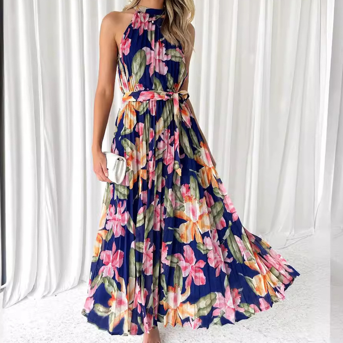 Cross-border Europe and America Amazon 2024 Summer Sleeveless Neck Printing Leisure Vacation Pure Gentle Big dress