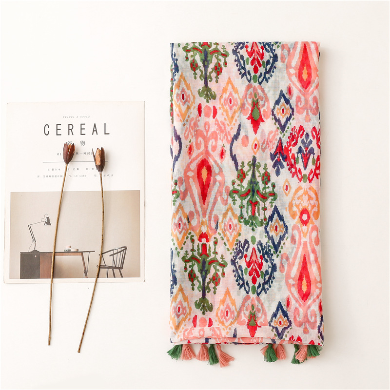 Picture of Suya Japanese Style Fresh Cotton and Linen Hand Scarf Scarf Bali Yarn Color Pop Geometric Shawl Scarf Women