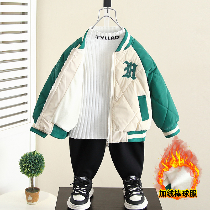 4295 Children's Velvet Tops Boys Autumn and Winter 2025 New Baby Baseball Uniform Top Winter Thickened Cotton Clothes