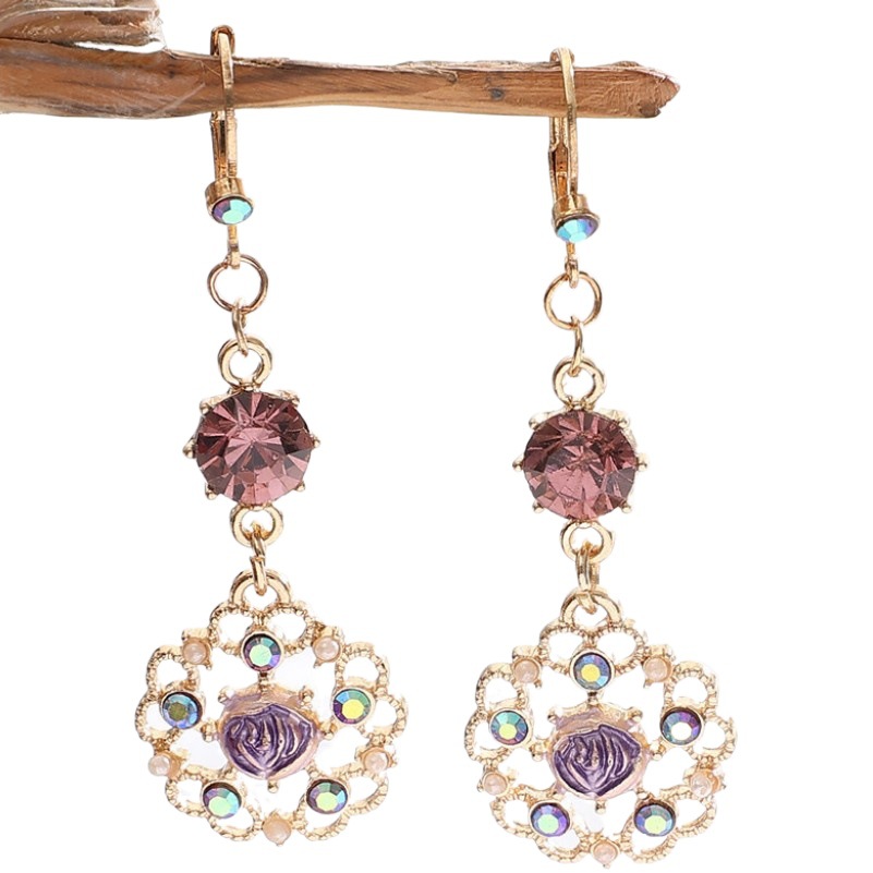 Mingfei Cross-border Hot Selling European and American Retro Court Style Flower Pendant Earrings with Diamond Purple Rose Ear Drop Earrings