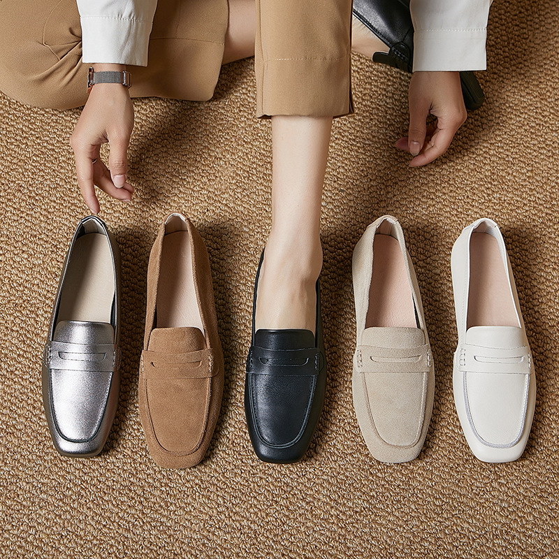 Platinum Disi Genuine Leather Women's Shoes New Loafers Square Head Soft Bottom Soft Leather Black All-match Commuter Work Shoes Women's Shoes
