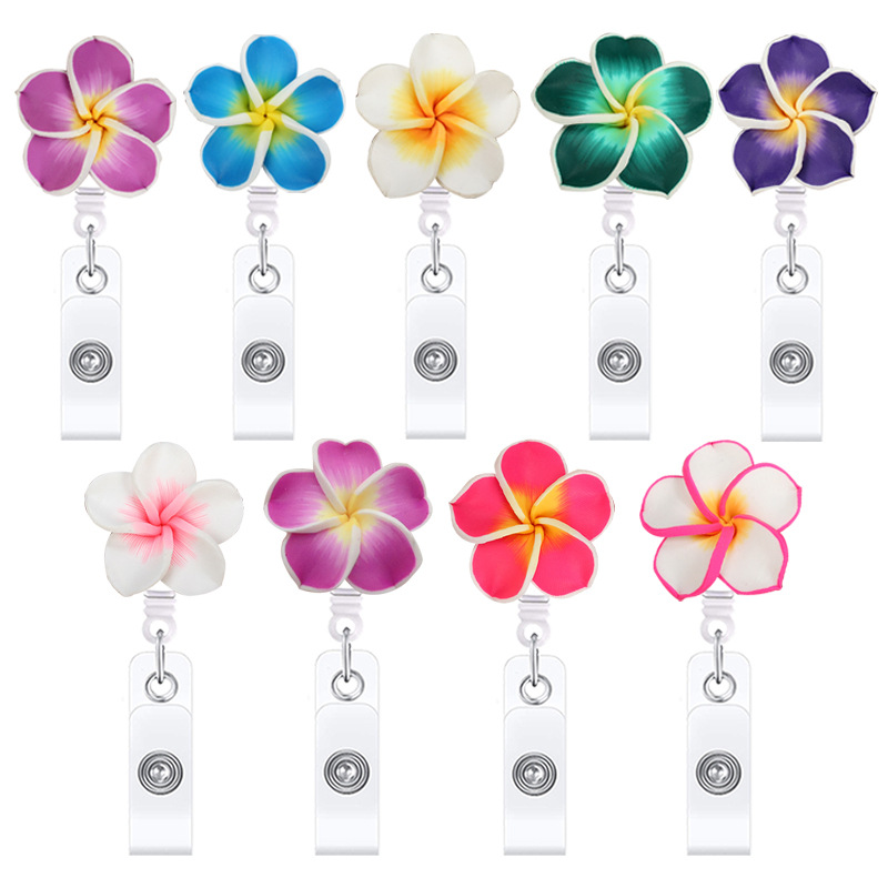 Small Fresh Hawaiian Plumeria Easy Pull Buckle Handmade Soft Pottery Flower Retractable Badge Easy Pull ID Buckle