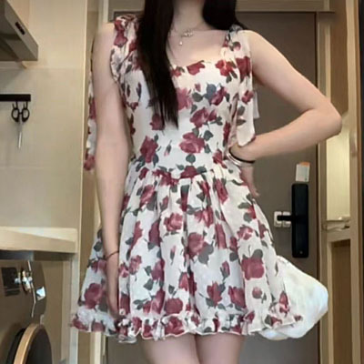 Cross-border 2022 Summer Sweet and Spicy Dress Women's Tight Waist Slimming Halter Dress Mid-length Rose Floral Dress