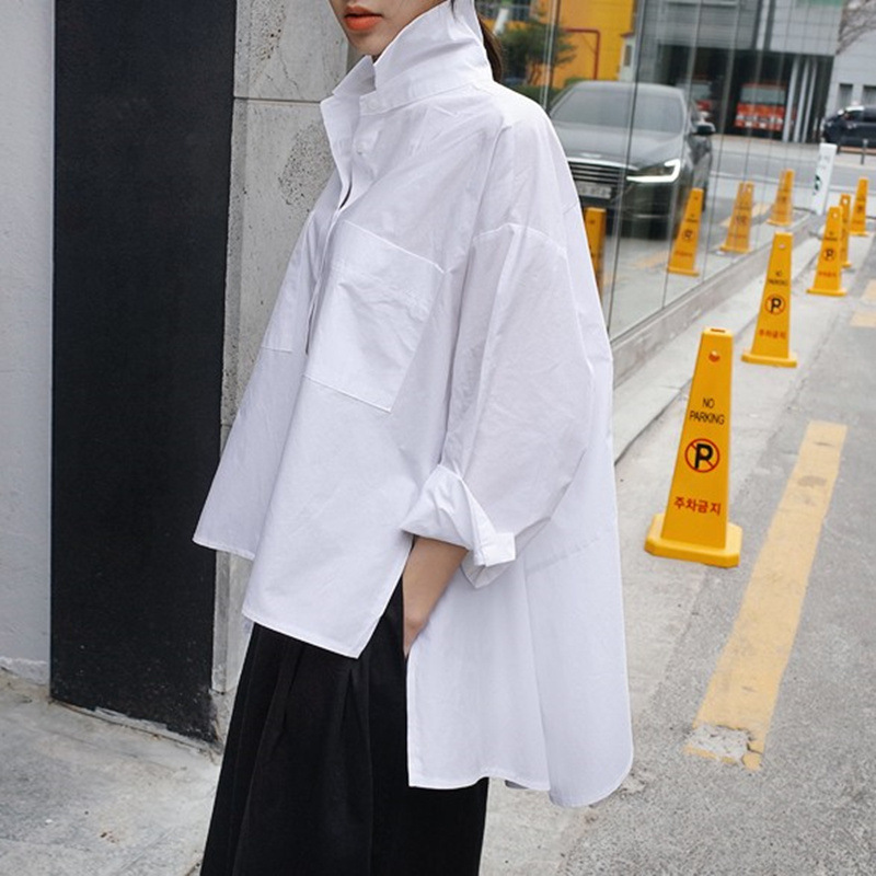 Picture of Spring and Autumn New White Shirt Women's Korean-style Loose Large Size Cape Canopy Long-sleeved Irregular Shirt Fashionable Top