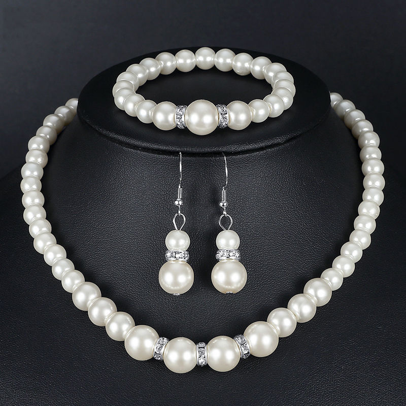 Picture of ABS pearl jewelry suit women's necklace earrings bracelet three-piece set gift for Mother beautiful wedding photo accessories