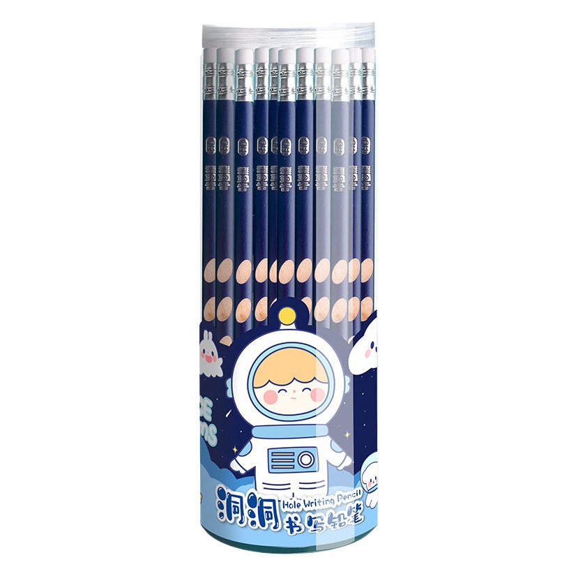 Picture of Elementary School Student Cartoon Hole Pencil 2B Kindergarten Kidsren's Positive Posture Sketch Black Charcoal Pen Hb Rubber Head Barrel Pen