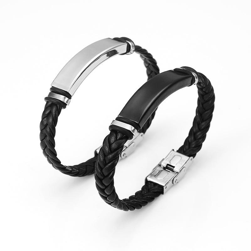 Amazon New Hand-woven Leather Simple Titanium Steel Men's Bracelet Stainless Steel Bracelet in stock Engravable