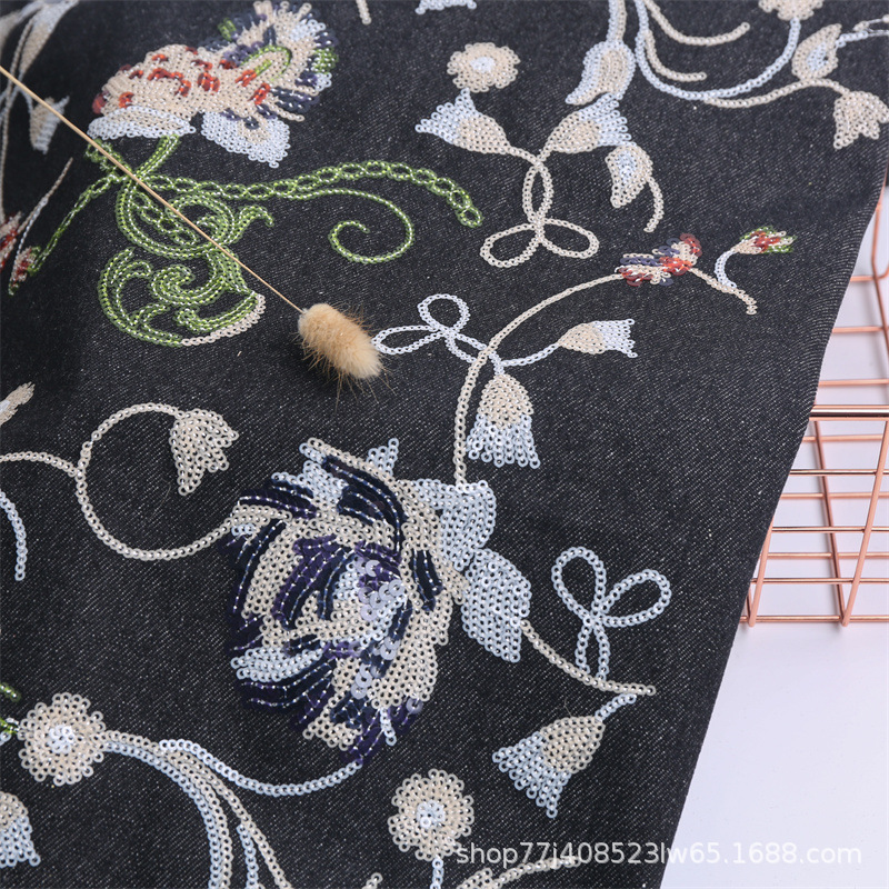 Denim multi-color sequined embroidered fabric old money style Denim coat Denim pants fabric