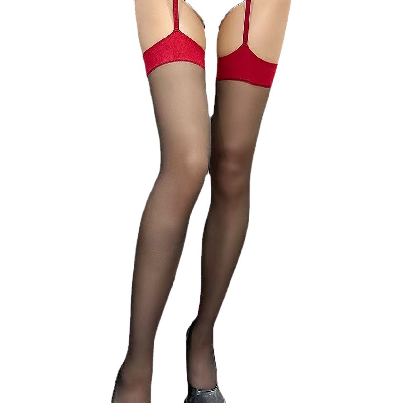 Sexy nightclub disco red and black contrast color long tube over the knee 3D suspenders stockings pure sex one-piece open crotch socks