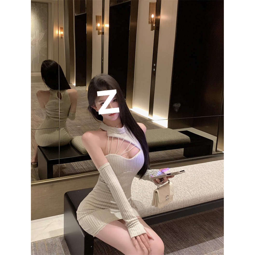 Pure desire sleeve knitted halterneck dress women's spring slim waist short skirt design sense tight hip skirt
