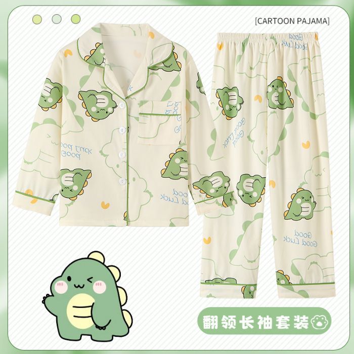 Picture of Children's Pajamas Spring and Autumn Cute Cartoon Boys and Girls Lapel Cardigan Long Sleeve Trousers Children's Home Clothes