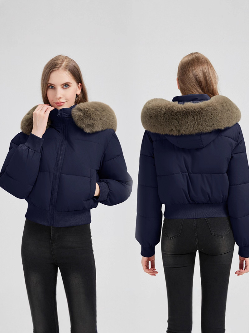 Foreign trade cross-border 2025 winter fur collar hooded waist thickened short down cotton jacket women