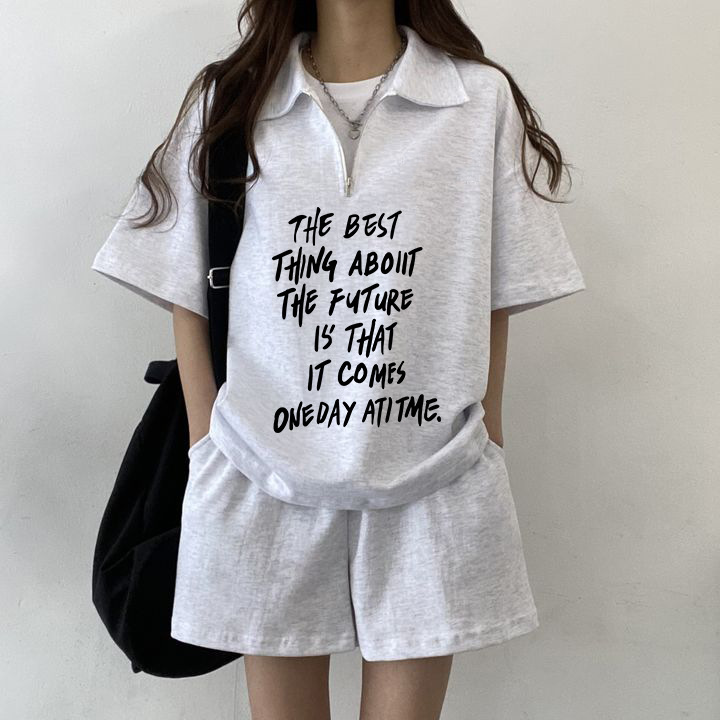 Foreign trade suit women 2024 new South Korea new summer cotton short sleeve shorts student two-piece letter zipper