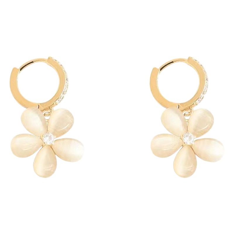 Cat's Eye Stone Five-petal Flower Earrings S925 Silver Pin Earrings with Zirconium Young Ear Buckle Earrings Simple and Fresh
