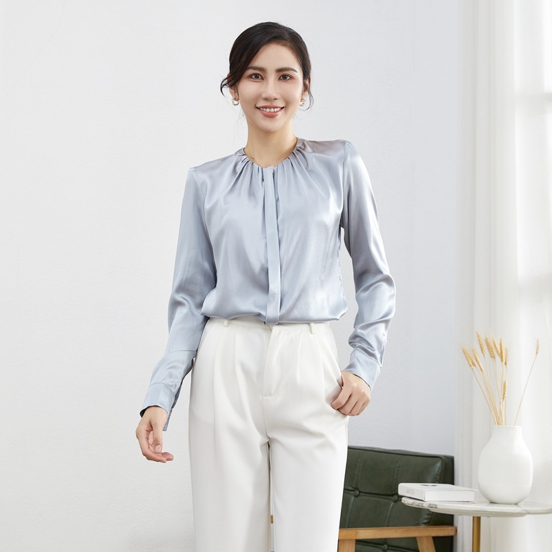 Heavy Weight Silk Shirt Women's Autum New Fashion Commuter Long-Sleeved Round Neck Shirt Mulberry Silk Loose Satin Top