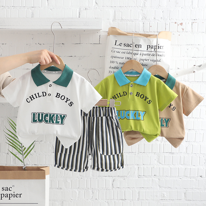 Summer Boys Short-sleeved Suit New Children's Fashion Fried Street Boys Summer Letter Lasel Short-sleeved Suit Trendy Cool
