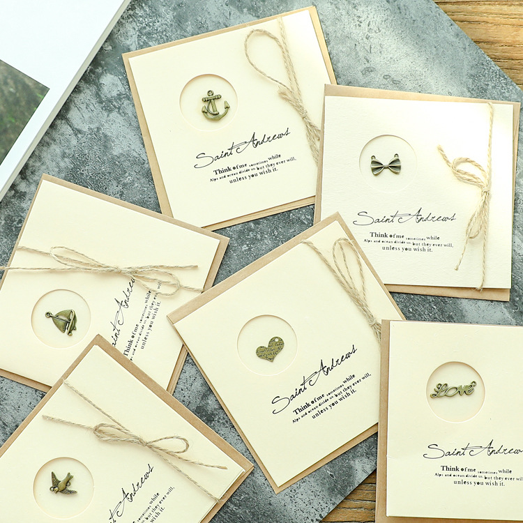 Retro Greeting Card Wholesale Blessing Holiday Card with Rope Gift Cowhide Grass Incense Metal Hemp Rope Greeting Card with Envelope