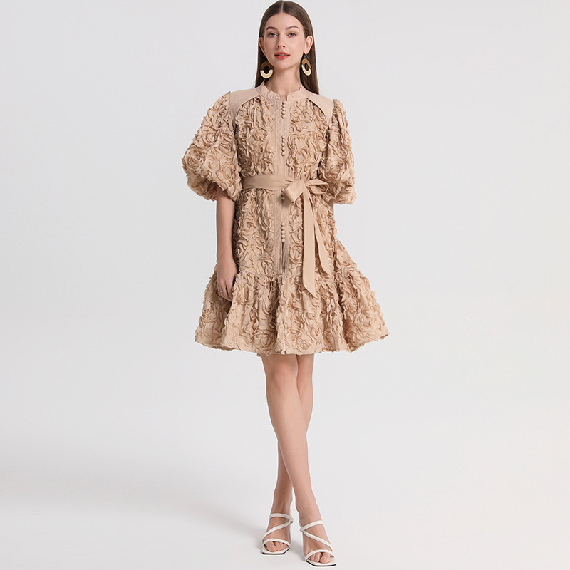 Short Heavy-Duty Three-Dimensional Rose Solid Color Loose Version European and American Style Dress