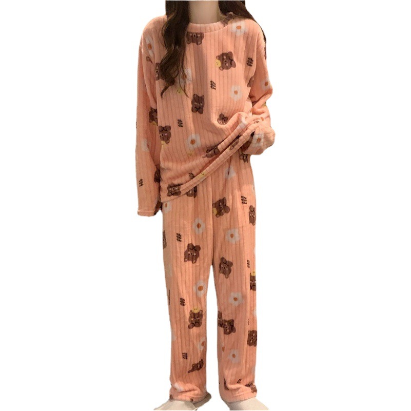 Little Bear Coral Fleece Pajamas 2022 Winter Thickened Printed Home Large Size Short Sleeve Homewear Two-Piece Set Lazy Style
