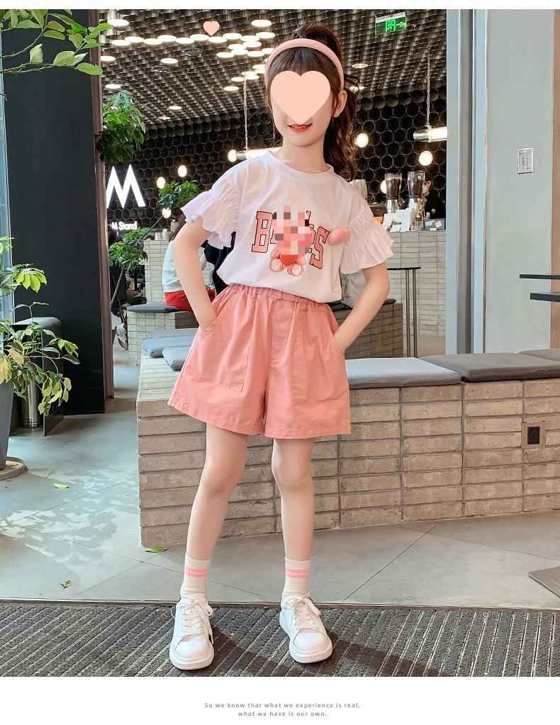 Picture of Girls' Korean-style 2024 Summer New Sports Suit Children's Western-style Cartoon Top Fashionable Shorts Two-piece Set
