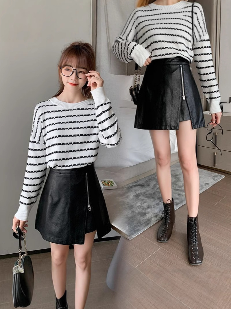 2024 autumn and winter new pu leather skirt women's high waist slim fashion zipper A- line skirt hip short leather skirt
