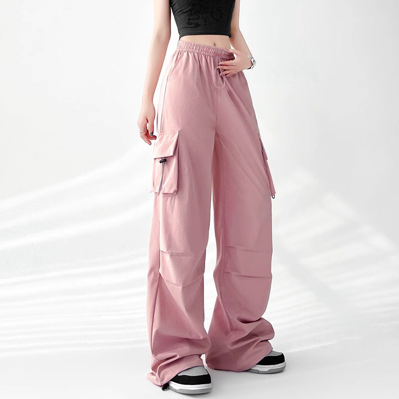 American Style Overalls Women's Pants Spring and Summer Women's High Waist Loose Parachute Pants Hot Girls Straight Wide Leg Sports Pants