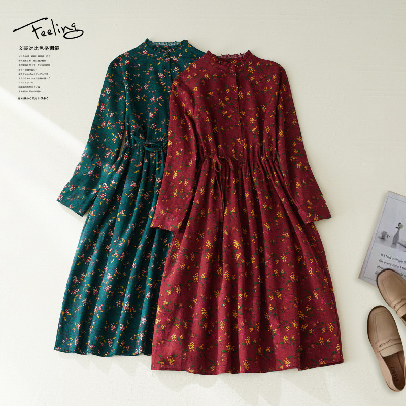 Real shot 2022 autumn new large size women's elegant age-reducing lace-up waist floral long sleeve cotton and linen dress