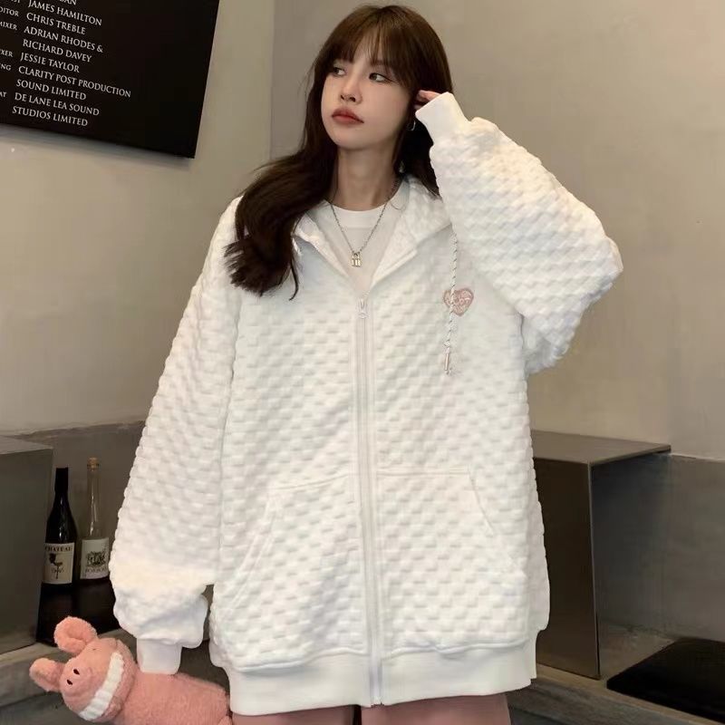 High Street Hiphop Waffle Heart Sweatshirt Women's Spring & Fall Loose Ins Lazy Style Thin Student Large Size Jacket