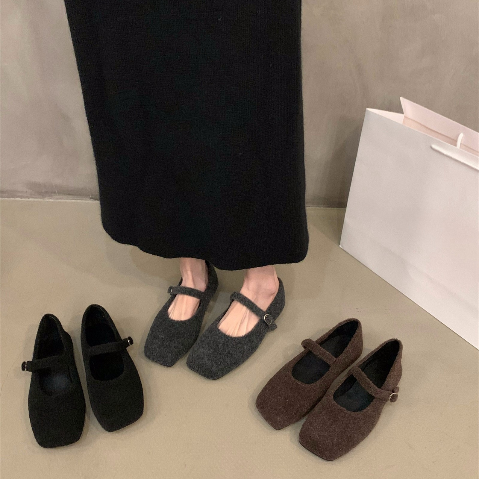 Flat Korean version of Mary Jane shoes women's shoes 2024 new autumn and winter black gentle Joker fleece-lined Mao Mao shoes