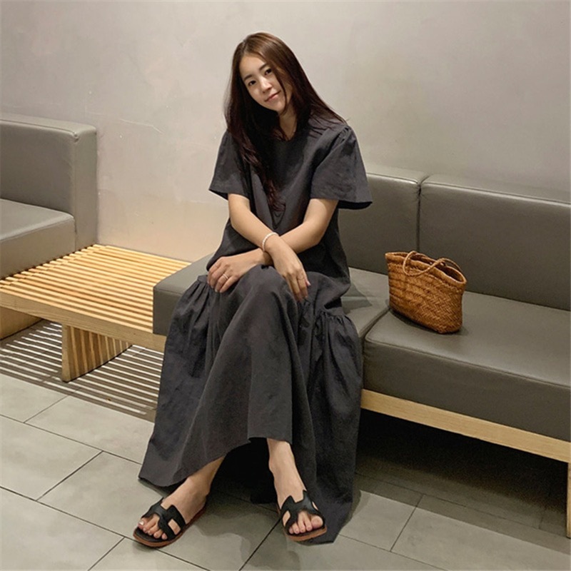 Picture of Japanese summer new style loose slimming short sleeve cotton linen dress women's casual retro to ankle Mori women's long skirt