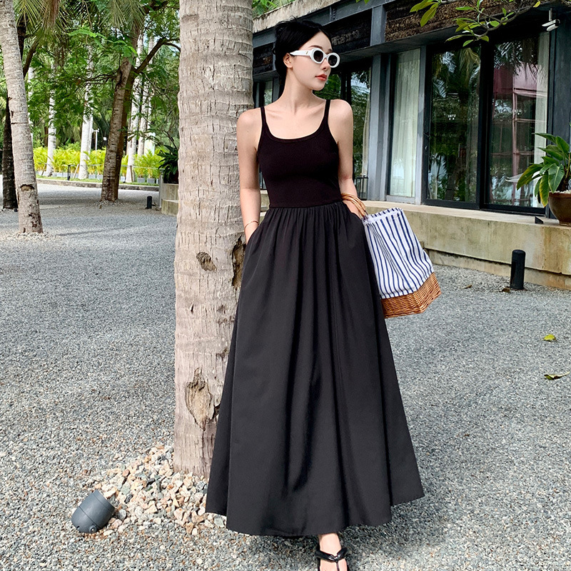 2023 Black Strap Dress Women's High-end Sense Giant Slim Long Dress Black Banquet Dress Floor Dress