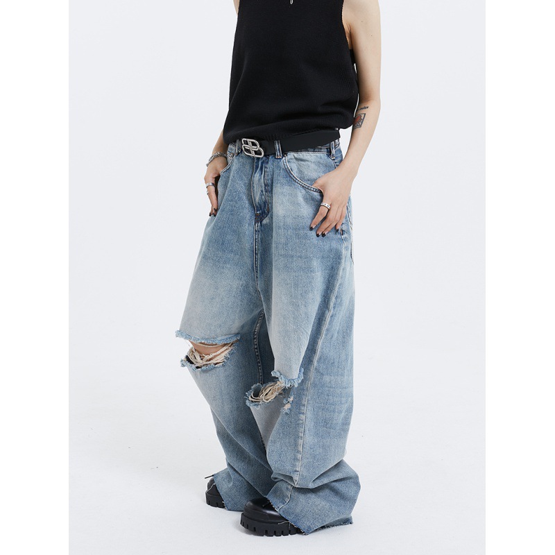 2024 new Hong Kong style Denim distressed washed hole loose jeans ins retro high street floor trousers tide