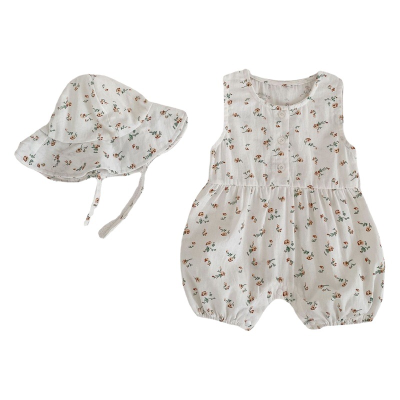 Ins Summer Baby Girl Fashionable Plaid Floral Sleeveless Harem Bag Fart Clothing Round Neck Baby Jumpsuit Crawling Clothing