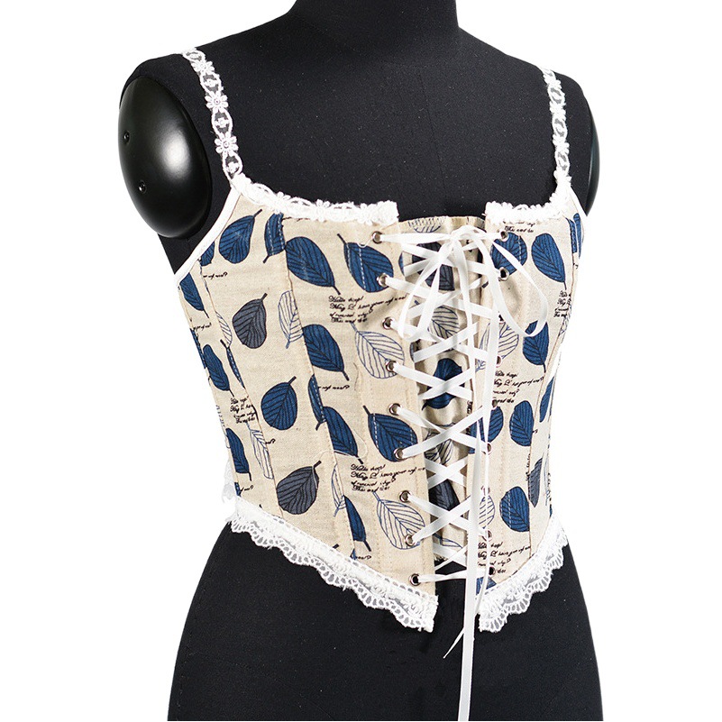 Picture of 21227 French Strap Corset Blue Ba Leaf Printed Lace Stacked Vest Women's Top