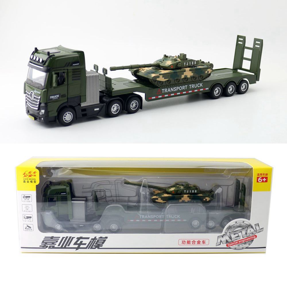 Jiaye Alloy Model Kidsren's Toy Engineering Vehicle 1:50 Military Flatbed Trailer Tank Sound and Light Pull Back Can Open the Door