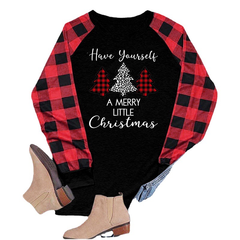 2021 Christmas New Women's Leopard Print Plaid Stripe Plaid Sleeve Loose Pullover Long Sleeve T-shirt