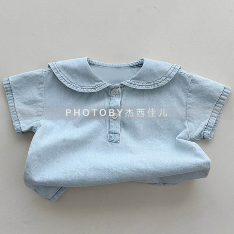 Picture of Korean Style Ins Boys and Girls Summer New Two-Piece Children's Western Style College Lar Loose Casual Denim suit