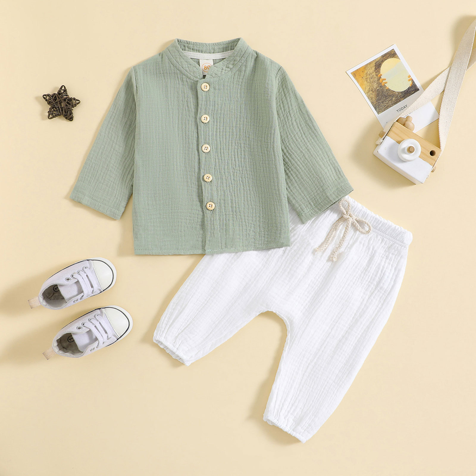 Picture of European and American Cross-Border Boys and Girls Morandi Color Front Strap Two-Piece Set Infant Cotton Shirt Long-Sleeved Pants Solid Color