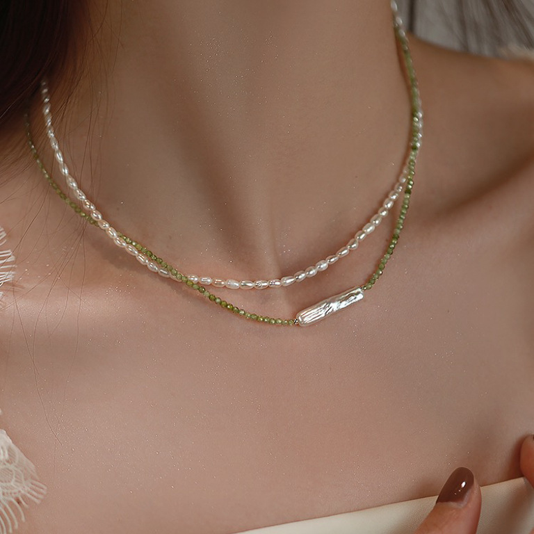 Baroque Long Strip Natural Freshwater Pearl Olive Green Facet Natural Zircon Women's Summer Fresh Beaded Necklace