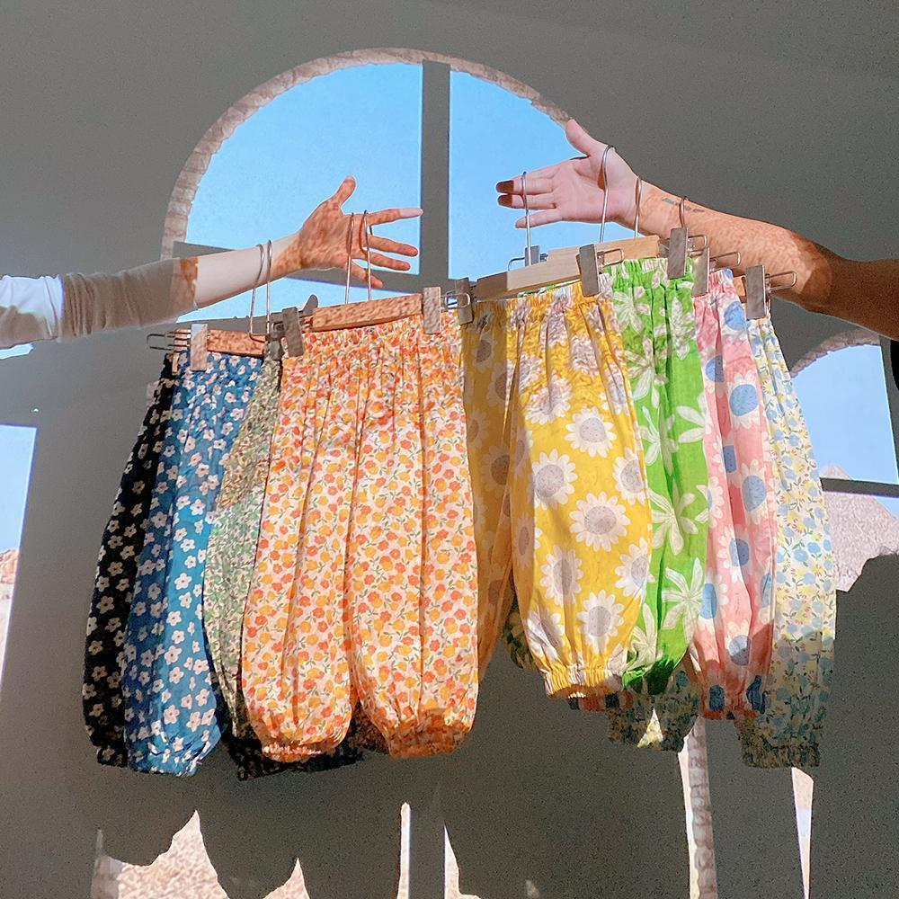 All-match Anti-mosquito Pants Girls' Summer Printed Mid-high Waist Beach Pants Children's Vintage Floral Pants Summer Sunscreen Pants